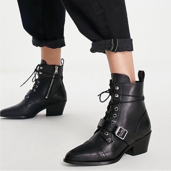 NEW All Saints Leather Katy Booties Black 7 - Picture 1 of 16